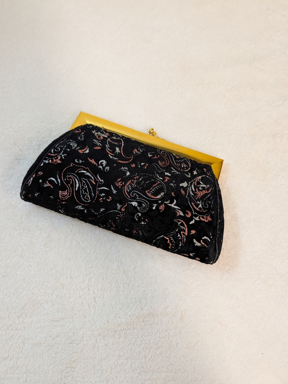 Vintage Black Paisley Clutch with Gold Frame and Pink Accents